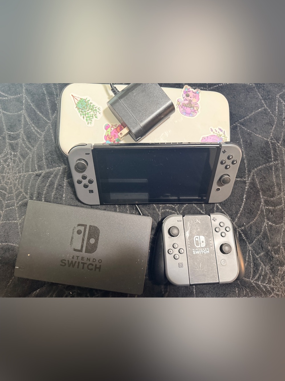 Nintendo Switch Console with Gray Joy-Con Controllers and case